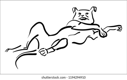 The illustration depicts a lazy dog. The dog lives with the owner for a long time and loves him very much. Perhaps that is why the dog’s muzzle is satirically similar to the human.
