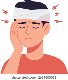 Illustration depicts a man with a head bandage holding his face in pain, surrounded by red pain symbols, expressing headache and injury discomfort in a clear vector style. Calm mood.