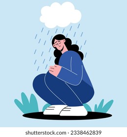 The illustration depicts a melancholic, solitary girl sitting under the rain. 
Vector illustration in flat cartoon style.