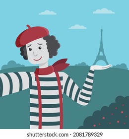 The illustration depicts a mime in a red beret and a striped jacket, who photographs himself against the backdrop of the Eiffel Tower in Paris.