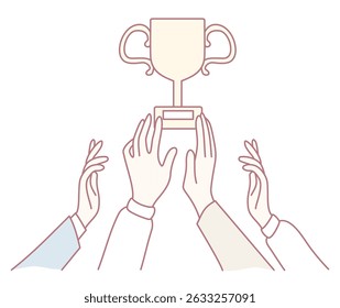 Uma ilustração retrata múltiplas mãos estendendo-se ansiosamente por um troféu, representando conquista e reconhecimento