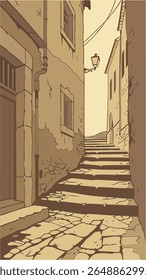 Uma ilustração retrata um estreito beco de paralelepípedo que conduz a uma escadaria entre edifícios, banhado à luz do sol.
