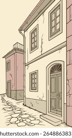 An illustration depicts a narrow street with buildings on either side, one white and the other pink.
