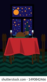 The illustration depicts a new year's dinner. It's night outside and it's snowing. The table is elegantly laid and everything is waiting for the holiday.