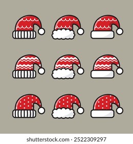 The illustration depicts nine different red Santa hats with different patterns and framing.