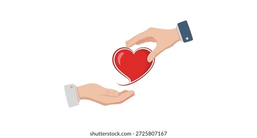 Eine Illustration zeigt eine Hand in einer Business-Manschette, die einer anderen offenen, ausgestreckten Hand sanft ein lebendiges rotes Herz bietet und Konzepte wie Spende, Liebe, Fürsorge, Großzügigkeit und Unterstützung auf weißem Hintergrund symbolisiert 