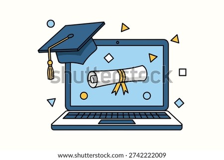 Illustration depicts online learning through a laptop showing a diploma and graduation cap.