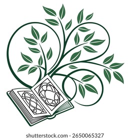 An illustration depicts an open book with abstract designs, intertwined with branches and green leaves, creating a nature-inspired design.