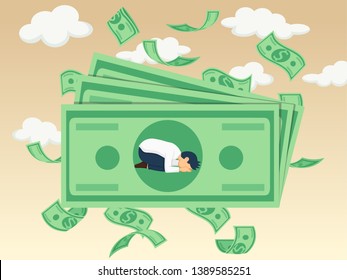 Illustration depicts people's worship of money. Dollar sign. Vector art image and clipart