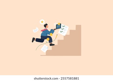 An illustration depicts a person dynamically climbing stairs with a laptop, surrounded by scattered papers, symbolizing multitasking, urgency, and career progression in a whimsical, hand drawn style.
