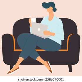 The illustration depicts a person sitting comfortably on a dark-colored couch with orange accents. The person is holding a laptop in one hand and a cup of coffee in the other.