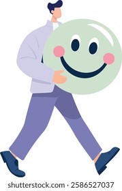 The illustration depicts a person walking while holding a large, round balloon with a smiley face on it. The smiley face on the balloon has a cheerful expression with large eyes.