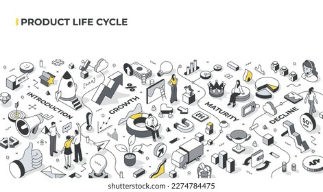 Illustration depicts product life cycle stages: introduction, growth, maturity, decline. Includes strategy, innovation, marketing, sales, revenue trends. Isometric linear graphic style