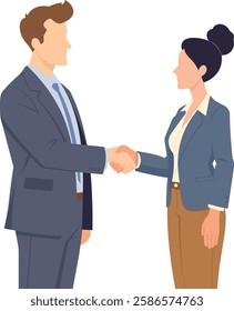 The illustration depicts a professional business handshake between two colleagues dressed in formal attire. The handshake symbolizes agreement, collaboration, and mutual respect in a business.