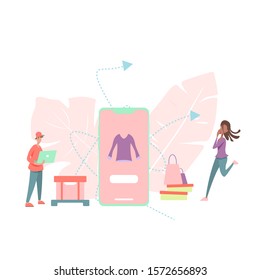 The illustration depicts purchases and delivery from an online store. Happy people receive delivery