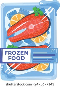 Illustration depicts salmon fish plastic tray packaging. Frozen seafood product ice lemon slices illustration. Cartoon style frozen salmon fish label