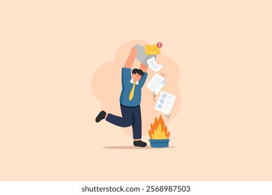 An illustration depicts a stressed out employee throwing papers and notifications into a fire, symbolizing frustration, burnout, and work overload. mental health, and stress management.