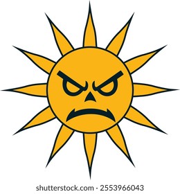 The illustration depicts a stylized sun with a bright yellow circular face and sharp, pointed rays extending outward. The sun has an angry expression.