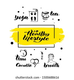 The illustration depicts the symbols of a healthy lifestyle. They can be used as signs for thematic events, posts.