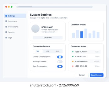The illustration depicts a system settings interface where a user can manage data flow, connection protocols, and connected nodes while editing their profile.