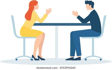 The illustration depicts two business professionals sitting across from each other at a table. One person is wearing a yellow outfit and the other is wearing a blue outfit.