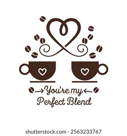 An illustration depicts two coffee cups connected by a heart-shaped steam, symbolizing a perfect blend.