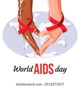 The illustration depicts two hands, one black and one white, forming a heart shape with red ribbons tied around their wrists. The text "World AIDS day" is written below the hands.