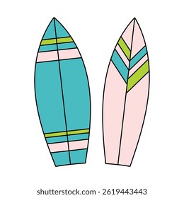 The illustration depicts two stylized surfers standing side by side in blue and blue tones with horizontal stripes.