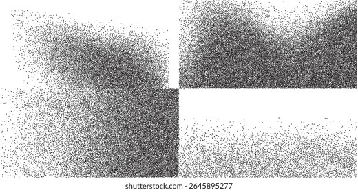 A ilustração retrata um arranjo único de distribuições de partículas, criando contrastes fascinantes em uma tela dividida. Esta arte enfatiza a textura e o movimento através de densidades variadas.