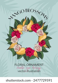 The illustration depicts a variety of organic items such as petals, roses, mango, and leaves forming a circular frame with space for your text. The background is a pale, soothing blue with tropical 
