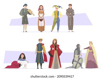 
The illustration depicts various characters from the Middle Ages, knight, princess, peasant, king, monk