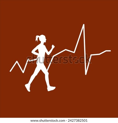 The illustration depicts a vector cardiogram with a white line representing the heart rhythm, set against a graph on a red background. In the foreground, there is a silhouette of a walking girl. These