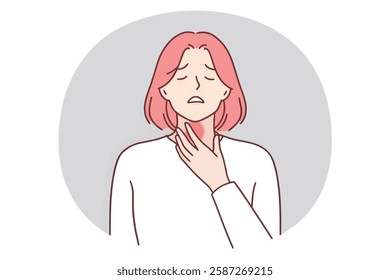 An illustration depicts a woman with pink hair experiencing a sore throat and touching her neck.