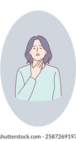 An illustration depicts a woman with short hair touching her throat appearing to be in pain or discomfort suggesting a sore throat.