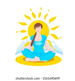 The illustration depicts a woman sitting in nature against the background of the sun, meditating in lotus position with the word yoga on her chest. The illustration can be used for yoga studios.