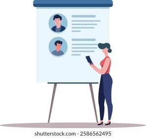 Illustration depicts a woman standing in front of a projector screen, holding a tablet. The woman appears to be reviewing or presenting the profiles, suggesting a professional or educational setting.