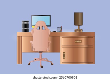 An illustration depicts a worker's desk today, where there is a gaming chair, 1 set of PC, table lamp, and stationery. 