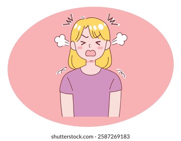 An illustration depicts a young blonde woman in a purple shirt angrily expressing frustration and loud outburst.