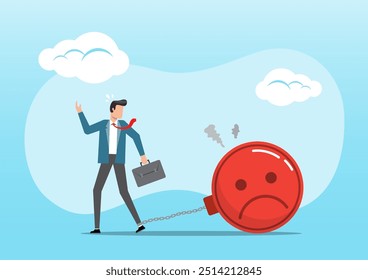 An illustration of depressed businessman chain with sad face burden. Stressed burden, anger or emotional causing problem, overworked or overwhelmed concept