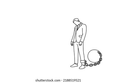 Illustration depressed businessman stands and lowered head while chained to an iron ball  Business world restrictions concept  One continuous line art style
