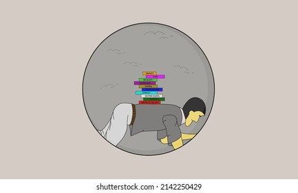 Illustration depressed mind. Someone crawls with colorful blocks and writes money, life, reality, romance, work, friendship, lonely, depression, hatred and broken heart.