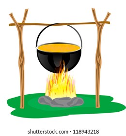Illustration of the derby with meal boilling on campfires