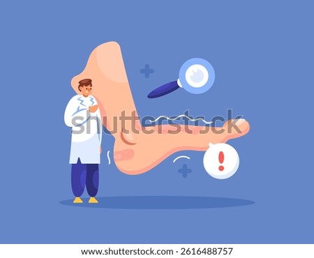 illustration of a dermatologist checking the condition of the feet that have rashes. symptoms of eczema, psoriasis, fungal infections, dermatitis, scabies, allergies. dry skin. concept of healthy skin