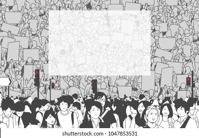 Illustration of dertailed crowd protest demonstration with large blank banner