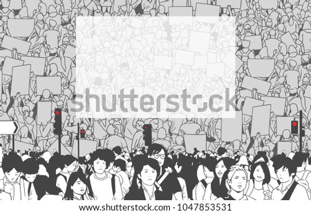 Illustration of dertailed crowd protest demonstration with large blank banner