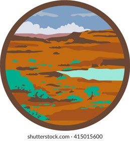 Illustration of a desert or arid steppe with water basin lake set inside circle done in retro style. 