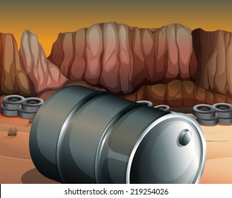 Illustration of a desert with a barrel and tires