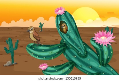 Illustration of a desert with cactus plants and birds