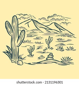 Illustration of desert and cactus tree in vintage hand drawn style