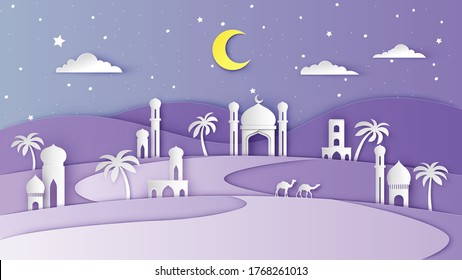 Illustration of desert city with a mosque on night of Ramadan Kareem. Scenery of Ramadan Kareem city at night. paper cut and craft style. vector, illustration.